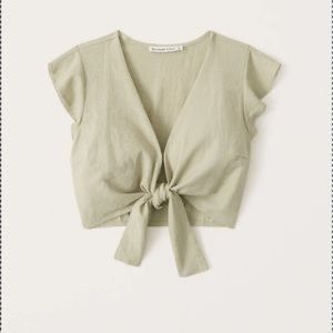 Abercrombie & Fitch Tie-Front Linen Blend Ruffle Sleeve Top, sage green, size S